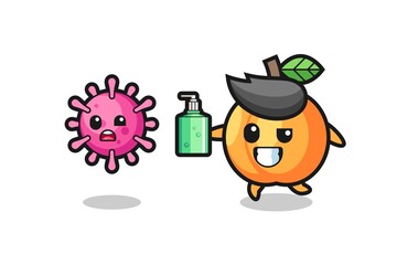 illustration of apricot character chasing evil virus with hand sanitizer