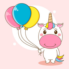 Cute unicorn character holding balloons. Cartoon design illustration