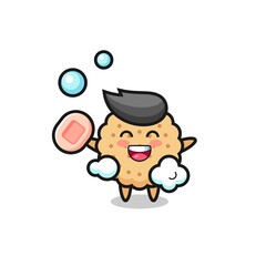 round biscuits character is bathing while holding soap