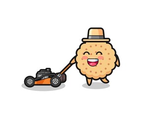 Fototapeta premium illustration of the round biscuits character using lawn mower