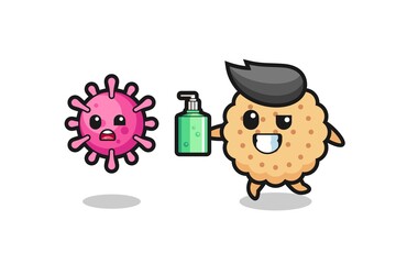 illustration of round biscuits character chasing evil virus with hand sanitizer