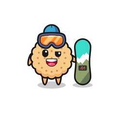 Illustration of round biscuits character with snowboarding style