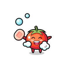 tomatoes character is bathing while holding soap