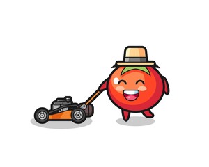 illustration of the tomatoes character using lawn mower
