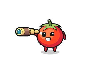 cute tomatoes character is holding an old telescope
