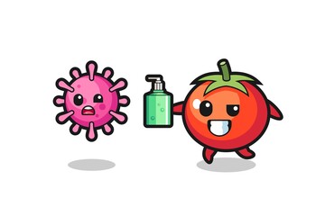 illustration of tomatoes character chasing evil virus with hand sanitizer