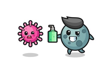 illustration of asteroid character chasing evil virus with hand sanitizer