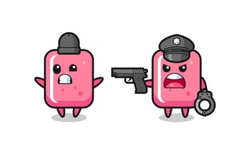illustration of bubble gum robber with hands up pose caught by police