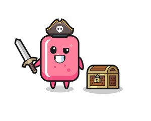 Fototapeta premium the bubble gum pirate character holding sword beside a treasure box