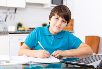 Positive schoolboy doing homework using laptop at kitchen interior