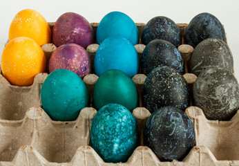Multi-colored chicken eggs. Feast of Light Easter. Background. High quality photo