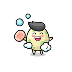 spotted egg character is bathing while holding soap