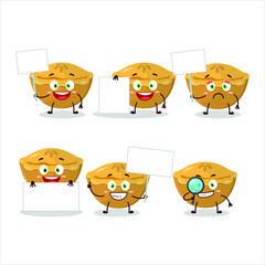 Pie cake cartoon character bring information board. Vector illustration