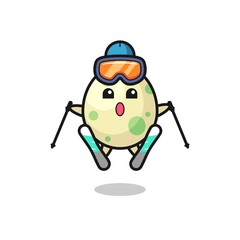 spotted egg mascot character as a ski player