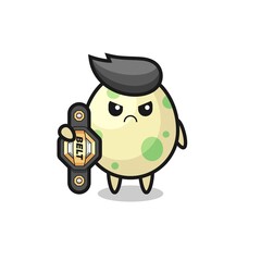 spotted egg mascot character as a MMA fighter with the champion belt