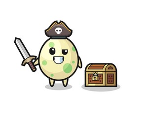 the spotted egg pirate character holding sword beside a treasure box