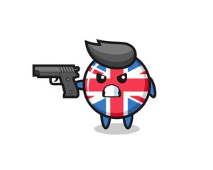 the cute united kingdom flag badge character shoot with a gun