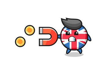 the character of united kingdom flag badge hold a magnet to catch the gold coins