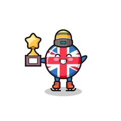 united kingdom flag badge cartoon as an ice skating player hold winner trophy