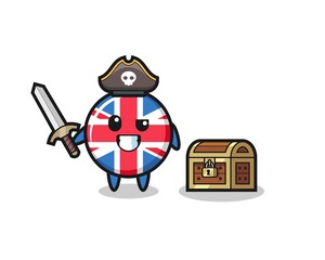 Obraz premium the united kingdom flag badge pirate character holding sword beside a treasure box
