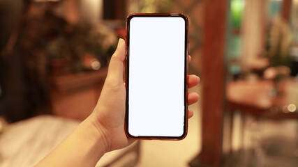 Women's hands holding cell telephone blank copy space screen. smartphone with blank white screen isolated on white background . smart phone with technology concept