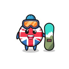 Illustration of united kingdom flag badge character with snowboarding style