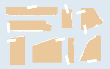 Set of ripped craft paper different shapes. Templates of torn empty page with sticky tape. Piece memo sheet for scrapbook or notebook. Tattered chunk for text reminders notice. Vector illustration