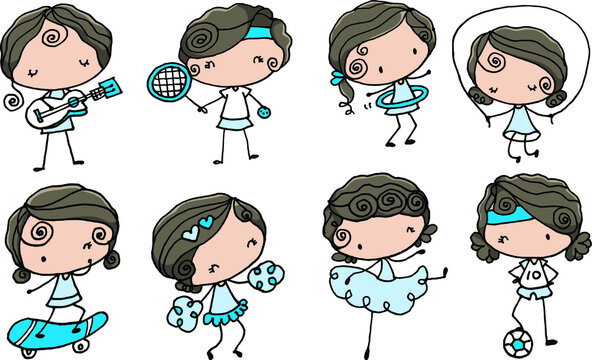 play Guitar, tennis, hula hoop, skipping rope, skateboarding, cheerleading, dancing, soccer girl cartoon series