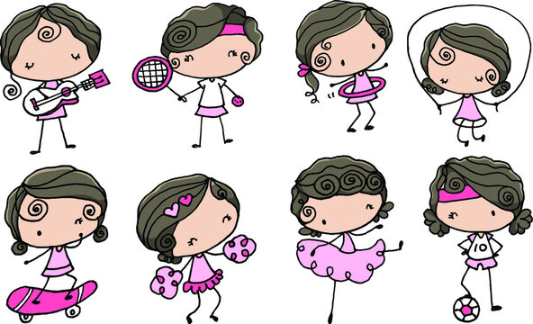 play Guitar, tennis, hula hoop, skipping rope, skateboarding, cheerleading, dancing, soccer girl cartoon series