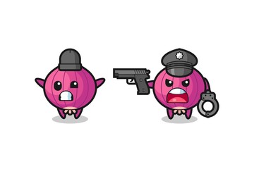 illustration of onion robber with hands up pose caught by police