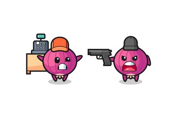 illustration of the cute onion as a cashier is pointed a gun by a robber