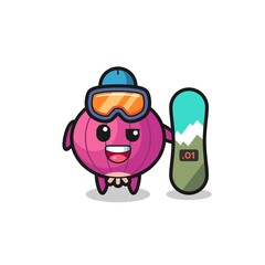 Illustration of onion character with snowboarding style