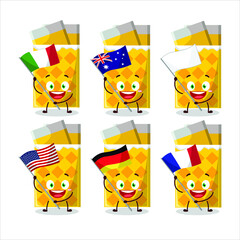 Yellow bubble gum cartoon character bring the flags of various countries. Vector illustration