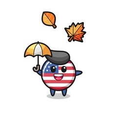 cartoon of the cute united states flag badge holding an umbrella in autumn