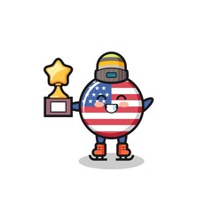 Fototapeta premium united states flag badge cartoon as an ice skating player hold winner trophy