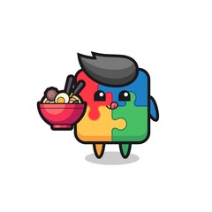 cute puzzle character eating noodles