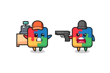 Fototapeta premium illustration of the cute puzzle as a cashier is pointed a gun by a robber