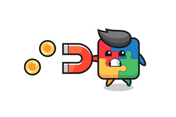 the character of puzzle hold a magnet to catch the gold coins