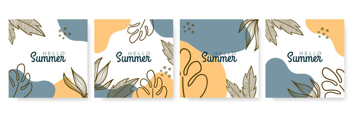 Summer background with flowers and tropical summer leaf. Luxury minimal style wallpaper with golden line art flower and botanical leaves, Organic shapes. Summer sale banner vector