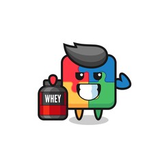 the muscular puzzle character is holding a protein supplement