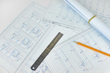 Printed electrical diagrams, top view. Construction, electrical or engineering concept. Wiring...