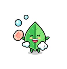leaf character is bathing while holding soap