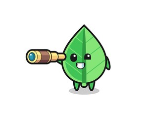 cute leaf character is holding an old telescope