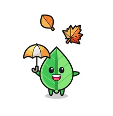 cartoon of the cute leaf holding an umbrella in autumn