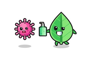 illustration of leaf character chasing evil virus with hand sanitizer