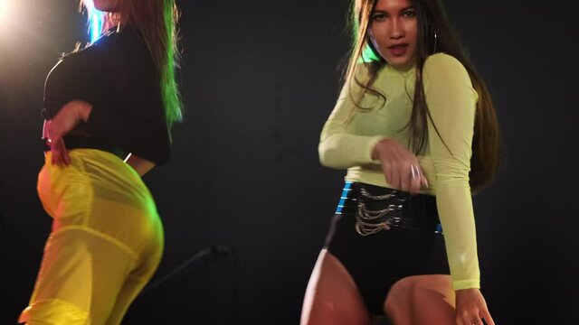 go-go and striptease dancing in nightclub, energetic ladies are moving sexually