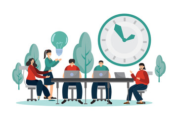 Flat illustration people in business organizations are meeting together in a room to brainstorm to find solutions with the introduction of digital technology into business solutions.