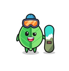 Illustration of leaf character with snowboarding style