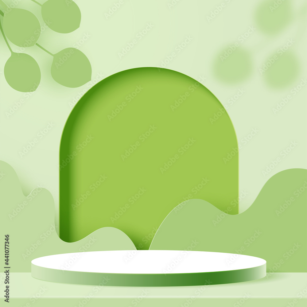Poster 3d paper cut abstract minimal geometric shape template background.white cylinder podium on green nat