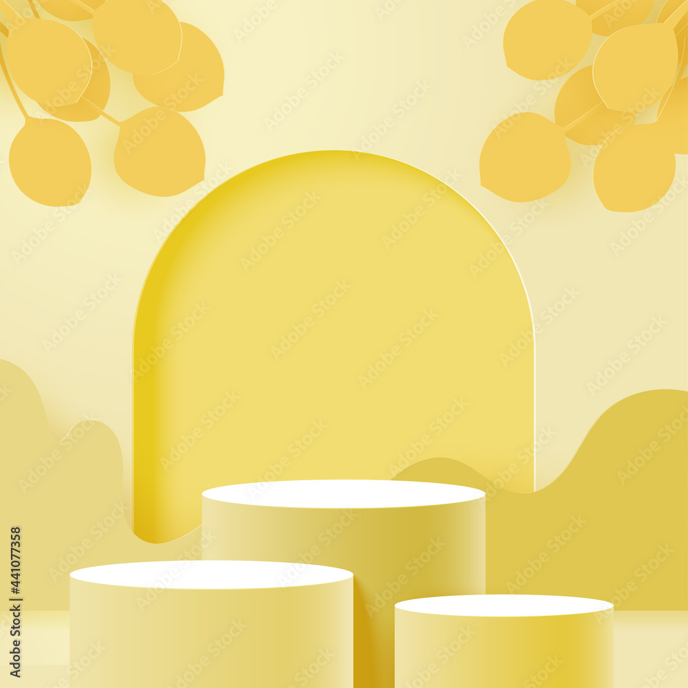 Poster 3d Paper cut abstract minimal geometric shape template background.Three cylinder podiums on yellow color scheme scene.Vector illustration.
